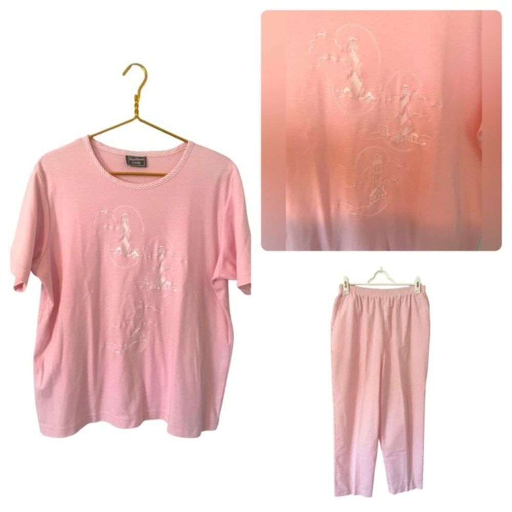 Southern Lady Light House Seersucker Shirt/Pant‎ Set, Size Large